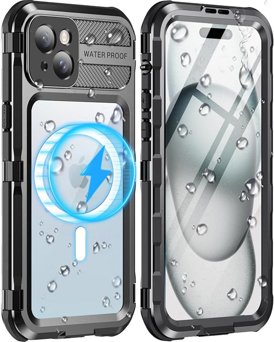 WIFORT for iPhone 15 Plus Waterproof Case - Built-in [Screen Protector][IP68 Water Proof][14FT Military Grade Shockproof], Rugged Metal Full Body Aluminum Protective Drop Protection Cover, 6.7" Black
