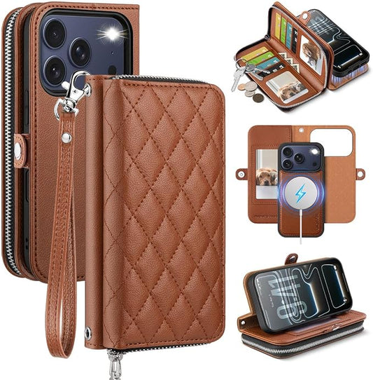 OCASE for iPhone 17 Pro Max Crossbody Detachable Wallet Case, PU Leather Handbag Phone Purse with Zipper Closure, Card Slots & RFID Blocking, Wrist Strap, Lanyard, Kickstand, Diamond Check Brown