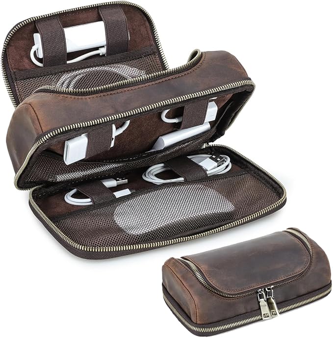 CONTACTS Full Grain Leather Travel Cable Organizer Pouch Double Layer Electronics Organizer Travel Case for Charger, Cable, Power, Tech Storage Bag by Handmade (Brown)