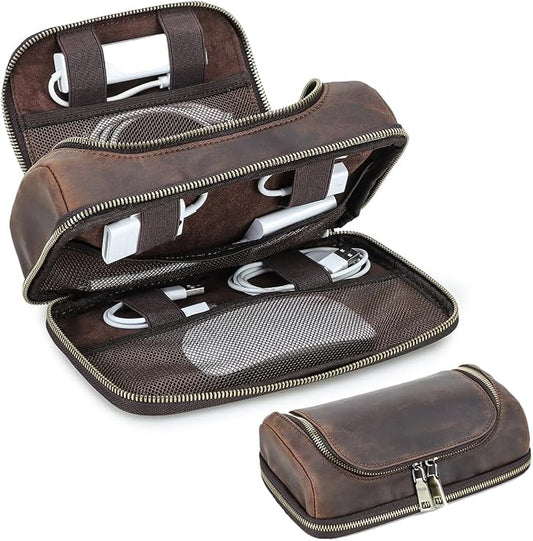 CONTACTS Full Grain Leather Travel Cable Organizer Pouch Double Layer Electronics Organizer Travel Case for Charger, Cable, Power, Tech Storage Bag by Handmade (Brown)