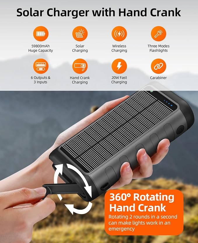 Solar Portable Charger Power Bank 59800mAh, Outdoor Waterproof Battery Pack, 3 Built in Cables & Hand Crank, 6 Outputs, 15W Wireless Charging, Emergency LED Flashlight for Camping Hiking Travel