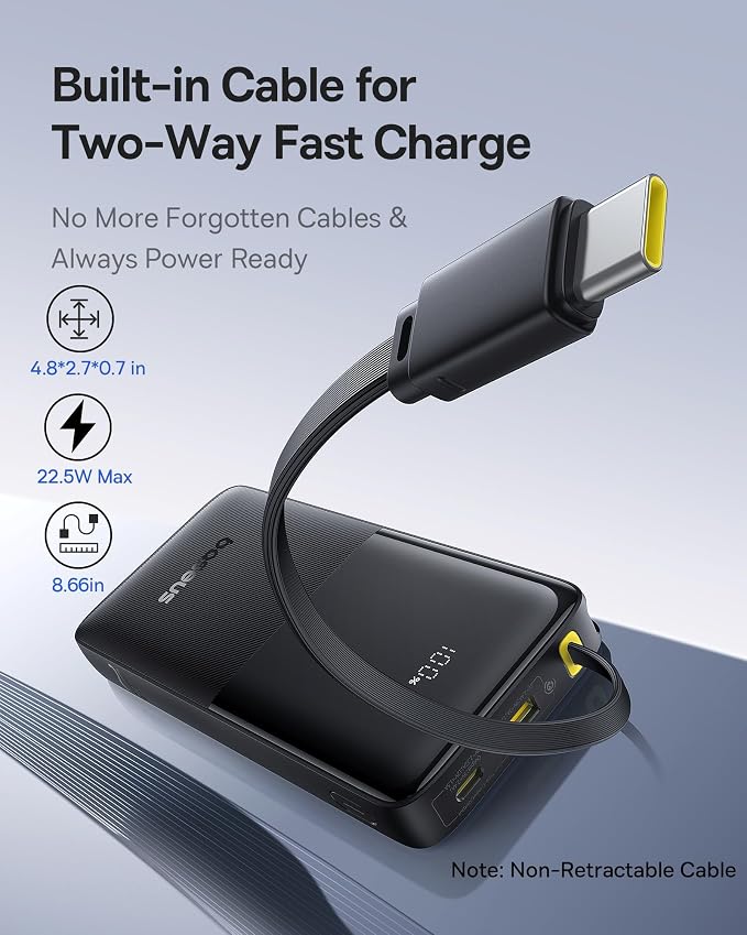 Baseus Portable Charger, 10000mAh Fast Charging Power Bank, 22.5W PD3.0 QC3.0 Battery Pack Built-in USB C Braided Cable, Travel Essentials for iPhone 17 16 15, iPad, S25/S24, Indoor/Outdoor, Travel