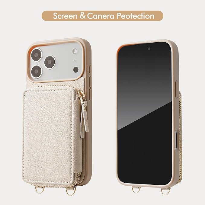 ZVE for iPhone 17 Pro Max Case Wallet with Card Holder,RFID Blocking Crossbody Strap Phone Cover for Women 6.9" Beige