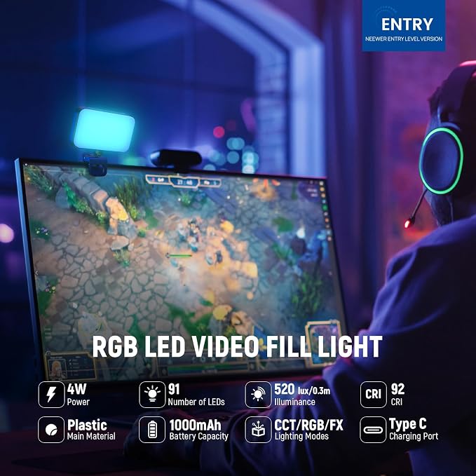 NEEWER Entry Level Version LED RGB Selfie Light, 91 LEDs Plastic Clip on Phone Fill Lighting for iPhone, 20 Effects CRI92 1000mAh, for Computer Webcam Laptop Zoom Video Conference Recording, N6C