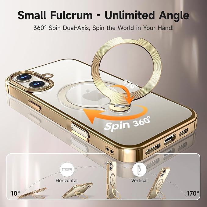 [Tri-Shield Protection] for iPhone 17 Case with 360° Spin Stand Compatible with MagSafe [Magnetic CD Ring] [Screen & Camera Lens Protector] Shockproof Plating Never-Yellowing, Gold-6.3"