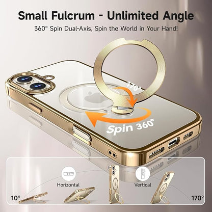 [Tri-Shield Protection] for iPhone 17 Case with 360° Spin Stand Compatible with MagSafe [Magnetic CD Ring] [Screen & Camera Lens Protector] Shockproof Plating Never-Yellowing, Gold-6.3"