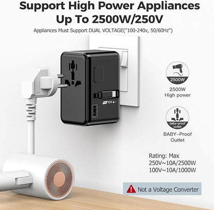 JMFONE 70W GaN Universal Travel Adapter, Retractable USB-C Cable + 4 USB-Port + 2500W AC Outlet, International Power Adapter with US EU UK AUS Plugs for 200+ Countries, Fast Charging Laptops Phones