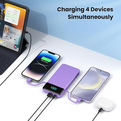 Portable Charger for iPhone,13800mAh Slim Power Bank with Built-in Cables & AC Wall Plug,All in One 4 Outputs USB C Fast Charging Battery Pack Travel Essential for iPhone 17/16/15/14,Android (Purple)