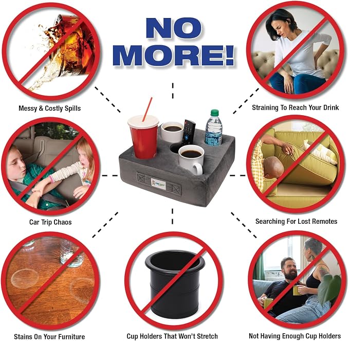 Cup Cozy Deluxe Pillow (Gray) *As Seen on TV* -The World's Best Couch Cup Holder Pillow! Cup Holder Pillow for The Couch, Sofa, Bed, Car, RV, Park & More! Drinks, Remotes, & Snacks Holder Tray