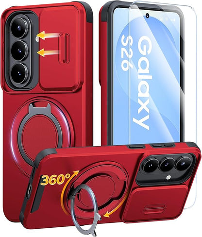 JAME for Samsung Galaxy S26 Case, Ring Holder Stand Kickstand, Slide Camera Cover with Screen Protector, Dual-Layer Shockproof Protective, Magnetic Accessory Friendly Galaxy S26 Phone Case, Red