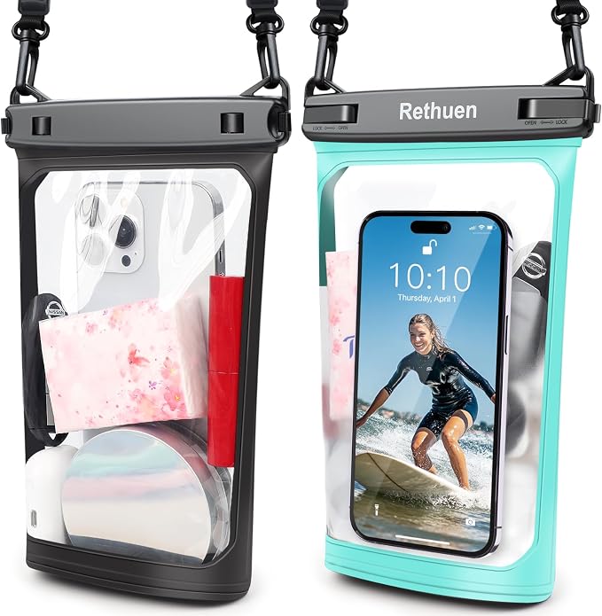 Large Floating Waterproof Phone Pouch, 2Pack Cell Phone Dry Bag for iPhone 17 16 15 14 13 Pro Max Galaxy S24 S23 S22 All Phones, Float Water Proof Bag for Beach Water Park (Black + Lime Green)