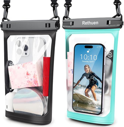 Large Floating Waterproof Phone Pouch, 2Pack Cell Phone Dry Bag for iPhone 17 16 15 14 13 Pro Max Galaxy S24 S23 S22 All Phones, Float Water Proof Bag for Beach Water Park (Black + Lime Green)