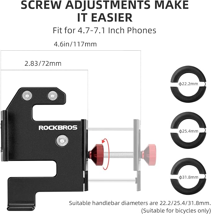 ROCKBROS Bike Phone Holder, Aluminum Bike Phone Mount Holder,Handlebar Mounted Cell Phone Holder Universal Bicycle Phone Mount for 4.7-7.1 Inch Phones