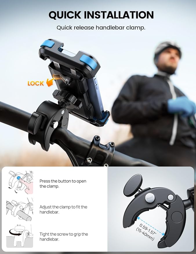 Lamicall Motorcycle Bike Phone Mount - Upgrade Quick Install Handlebar Holder Clip for Bicycle Scooter, Cell Phone Clamp for iPhone Air, 17 16 15 Pro Max, Galaxy, 4.7-6.8" Phones, Blue