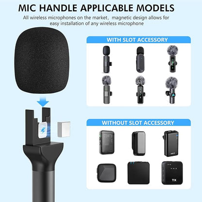 Handheld Adaptor for Interview Mic, 2 Packs Wireless Mic holders for DJI/Rode/Hollyland Lark Lavalier, Universal Magnetic Microfono Stand with Foam Windshield & Flag Station for Interview/Vlogging