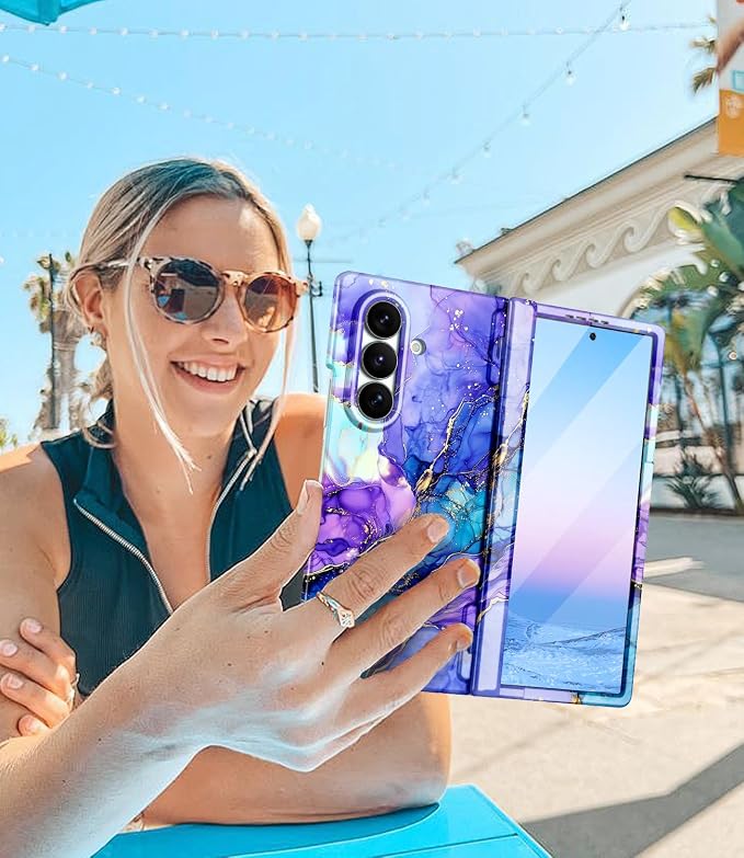 Btscase for Samsung Galaxy Z Fold 7 Case,Built in Front Screen Protector,Gold Glitter Marble Pattern Hard PC Slim Shockproof Full Body Drop Protective Case for Galaxy Z Fold 7 5G, Bright Purple Blue