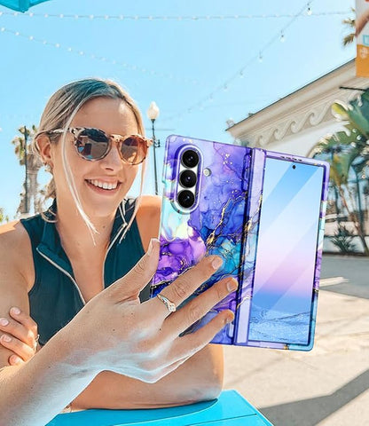 Btscase for Samsung Galaxy Z Fold 7 Case,Built in Front Screen Protector,Gold Glitter Marble Pattern Hard PC Slim Shockproof Full Body Drop Protective Case for Galaxy Z Fold 7 5G, Bright Purple Blue