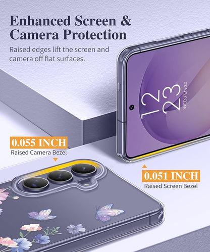 GVIEWIN for Samsung Galaxy S26 Plus Case, Clear Floral Slim Shockproof Protective Women Phone Case, Non-Yellowing, with Screen Protector&Camera Lens Protector for S26 Plus 6.7", Bloomwing/Blue