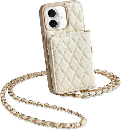 LAMEEKU for iPhone 17 Case Wallet with Card Holder, Wrist Strap Crossbody Phone Cover for Women 6.3" Beige