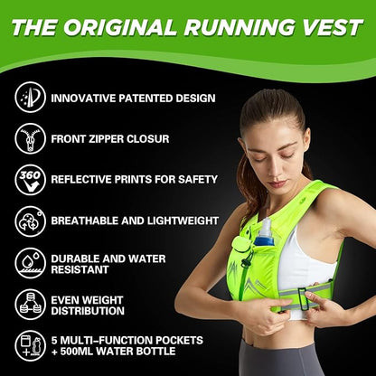 REVALI Running Vest, USA Original Patent, Zip Reflective Running Vests with 500ml Hydration Bottle, Adjustable Waistband & Breathable Material, Chest Pack Gear Phone Holder for Men & Women