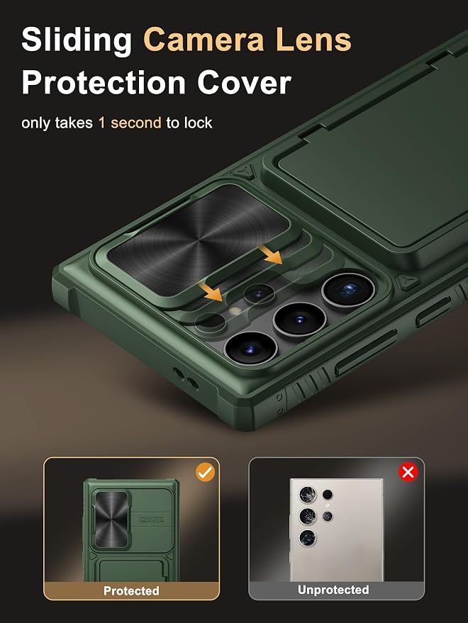 Vihibii for Samsung Galaxy S23 Ultra Case with Card Holder (4 Cards), Built-in 2X Tempered Glass Screen Protector & Slide Camera Cover & Kickstand, Rugged & Shockproof Phone Case for S23 Ultra, Green