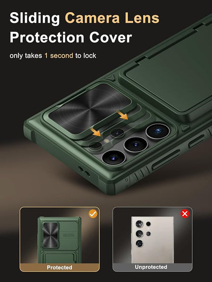 Vihibii for Samsung Galaxy S23 Ultra Case with Card Holder (4 Cards), Built-in 2X Tempered Glass Screen Protector & Slide Camera Cover & Kickstand, Rugged & Shockproof Phone Case for S23 Ultra, Green