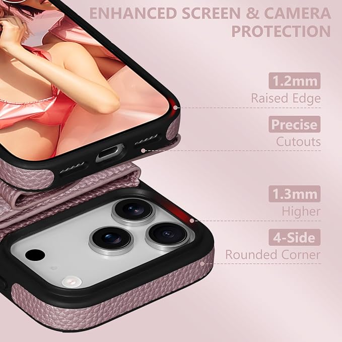 Keallce Wallet Case for iPhone 17 Pro 6.3'', Flip Case with RFID Blocking Card Holder Slots Kickstand, PU Leather Protective Folio Cover for Women, Rosegold