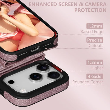 Keallce Wallet Case for iPhone 17 Pro 6.3'', Flip Case with RFID Blocking Card Holder Slots Kickstand, PU Leather Protective Folio Cover for Women, Rosegold