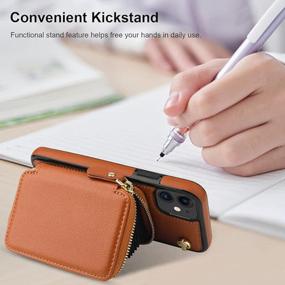 Bocasal Crossbody Wallet Case for iPhone 11, RFID Blocking Leather Purse Case with Card Holder, Protective Handbag Flip Cover with Zipper Wrist Strap Lanyard for Women 6.1 Inch (Brown)
