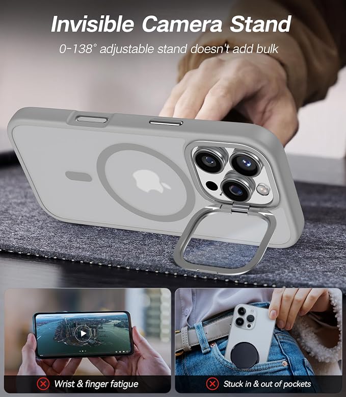 [Upgraded] for iPhone 16 Pro Max Case with Camera Cover Stand [Fit for MagSafe][9H Camera Lens Protector] Mil-Grade Protection Translucent Magnetic iPhone 16 Pro Max Phone Case, Grey