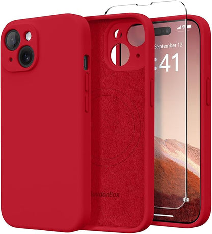 Magnetic for iPhone 15 Case, Compatible with MagSafe, [Screen Protector + Full Camera Protection], Silicone Shockproof Anti-Scratch Protective Phone Case for iPhone 15 6.1", Deep Red