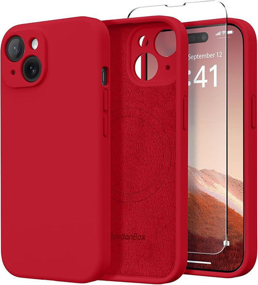 Magnetic for iPhone 15 Case, Compatible with MagSafe, [Screen Protector + Full Camera Protection], Silicone Shockproof Anti-Scratch Protective Phone Case for iPhone 15 6.1", Deep Red