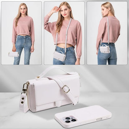 Lacass for iPhone 16 Pro Detachable Crossbody Wallet Case, Compatible with MagSafe Magnetic 2 in 1 RFID Blocking PU Leather Wallet Cover Card Holder Zipper Make Up Mirror (White)