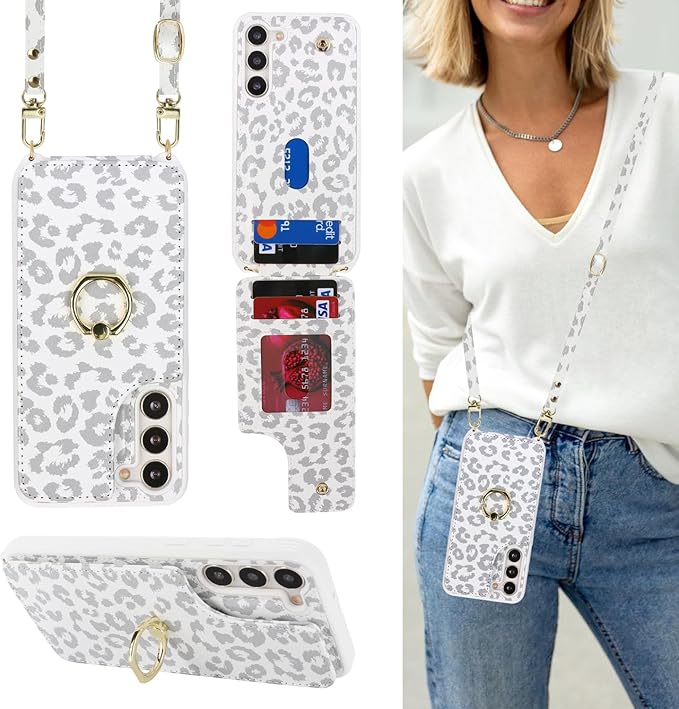 Lipvina for Samsung Galaxy S22 Case with Card Holder and Strap for Women,Crossbody Lanyard,RFID Blocking,Ring Stand,Snap Clasp,Cute Phone Wallet Cases 6.1 inch(White Leopard)