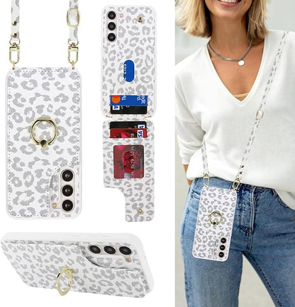 Lipvina for Samsung Galaxy S22 Case with Card Holder and Strap for Women,Crossbody Lanyard,RFID Blocking,Ring Stand,Snap Clasp,Cute Phone Wallet Cases 6.1 inch(White Leopard)