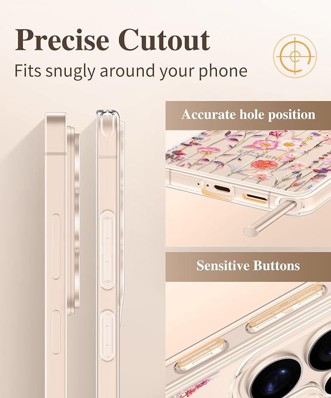 GVIEWIN for Samsung Galaxy S26 Ultra Case, Clear Floral Slim Shockproof Protective Women Phone Case, Non-Yellowing, with Screen Protector & Camera Lens Protector for S26 Ultra 6.9", Floratopia/Orange