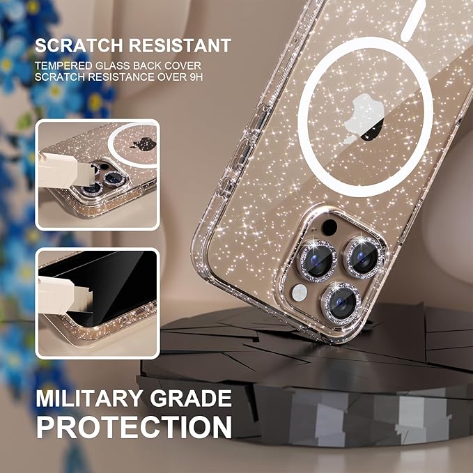 Choiche for iPhone 16 Pro Max Case Magnetic, Women Clear Glitter Bling Sparkly Case, [3xDiamond Camera Lens Protectors] [2xTempered Glass Screen Protectors] [Compatible MagSafe] 6.9"(Glitter Clear)