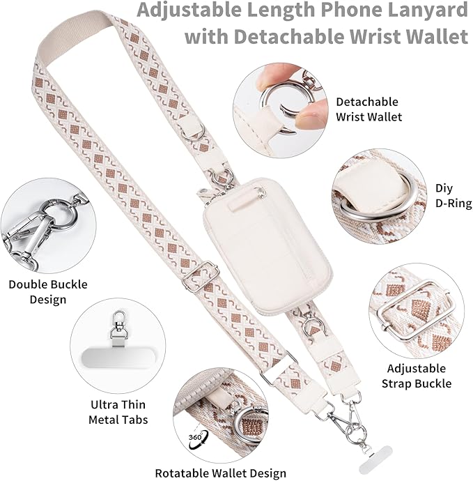 Tiostep Clip and Go Strap for Phone with Wallet Crossbody Phone Lanyard with Anti-Theft Zipper Pouch Detachable Quilted Wrist Wallet with RFID and ID Window for Daily Travel. Apricot Large