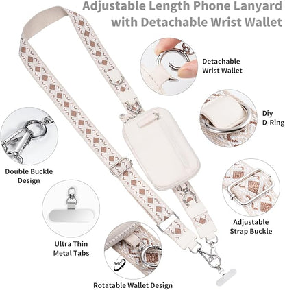 Tiostep Clip and Go Strap for Phone with Wallet Crossbody Phone Lanyard with Anti-Theft Zipper Pouch Detachable Quilted Wrist Wallet with RFID and ID Window for Daily Travel.