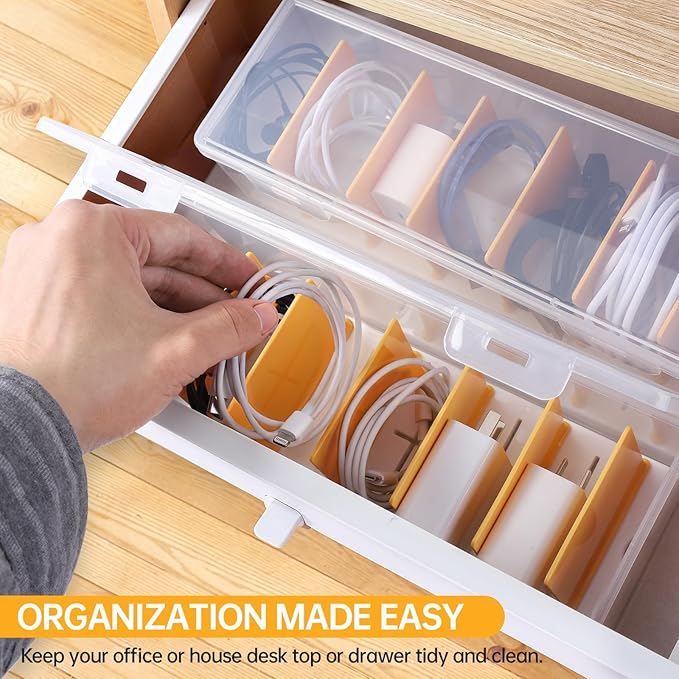 PAVSTINE Clear Cable Organizer Box with Lid and Adjustable Dividers | Customizable Compartments, Stackable for Space Saving, Fits Chargers, Cords & Accessories, Compact for Desk or Drawer
