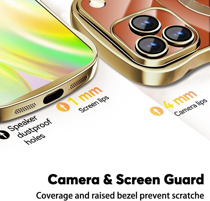 Misscase Designed for iPhone 17 Pro Max Case 6.9",with Privacy Screen Protector*1,Cute Wave Frame Case with Camera Lens Protector,Compatible with MagSafe Plating Bling for Women Gold