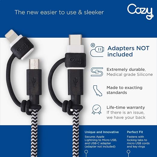 Cozy USB Cable Caps with Tether, Glow-in-the-Dark Silicone Cord Keeper, Anti-Lost Protective Covers for Charging Adapters, Multi-Color Set, 4-Pack