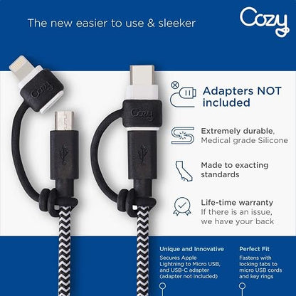 Cozy USB Cable Caps with Tether, Glow-in-the-Dark Silicone Cord Keeper, Anti-Lost Protective Covers for Charging Adapters, Multi-Color Set, 4-Pack