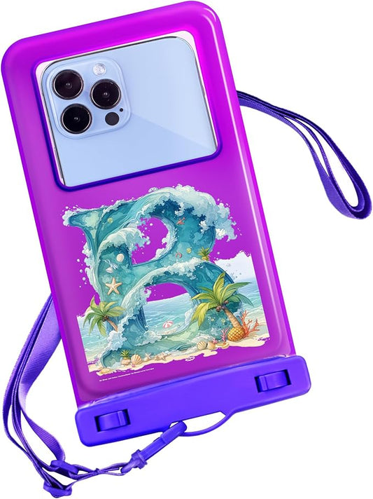 Personalized Initial Waterproof Phone Pouch Case - IPX8 Cellphone Dry Bag with Lanyard for iPhone 16/15/14/13/12 Pro Max (6.1–6.9"), Beach & Cruise Ship Essentials with Monogrammed Design (Purple, B)