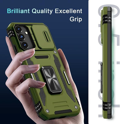 DEERLAMN Case for Samsung Galaxy S24 FE 6.7-Inch with Slide Camera Cover+Screen Protector(1 Pack), Rotated Ring Kickstand Military Grade Shockproof Protective Cover-Olive Green