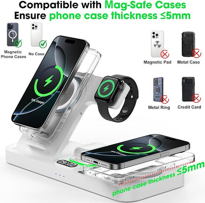 Dual Phone Wireless Charging Station for Apple Devices, Magnetic Charging Station for iPhone with Auto Switch 7-Color Light&Clock, Family Watch Charger for iPhone17 for iWatch11 for AirPods Pro3(Snow)