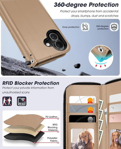 OCASE for iPhone 17 Crossbody Detachable Wallet Case, PU Leather Handbag Phone Purse with Zipper Closure, Card Slots & RFID Blocking, Wrist Strap, Lanyard, Kickstand, Diamond Check Khaki
