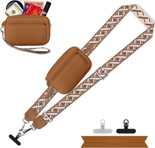 YFWE Clip and Go Strap for Phone with Wallet Crossbody, Adjustable Phone Lanyard with Detachable RFID Wristlet Wallet, Pattern Strap, Bronze(M)