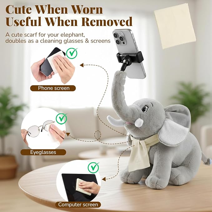 Phone Holder, Phone Mount with 360° Rotating Clip 45° Adjustable Trunk, Elephant Stuffed Animal with Ear Pockets Glasses Cloth Scarf & Back Headphone Fit, Cell Phone Holder for Desk Bed Sofa Car- Gray
