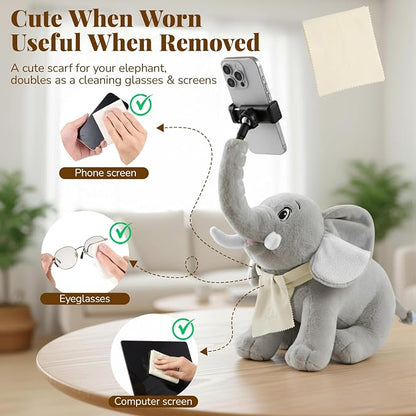 Phone Holder, Phone Mount with 360° Rotating Clip 45° Adjustable Trunk, Elephant Stuffed Animal with Ear Pockets Glasses Cloth Scarf & Back Headphone Fit, Cell Phone Holder for Desk Bed Sofa Car- Gray